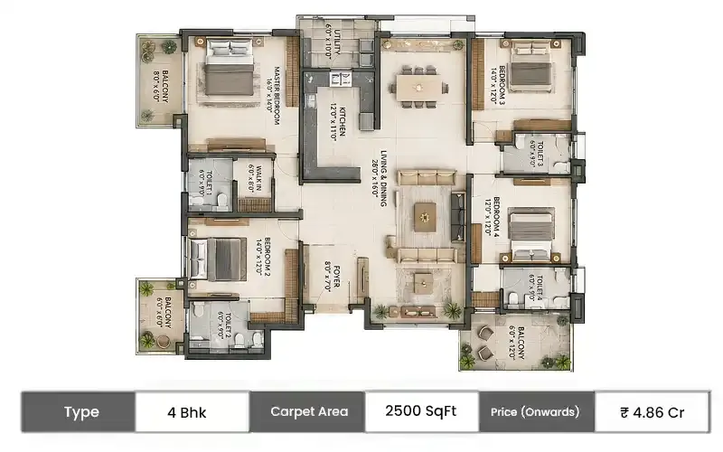 Arvind ITPL Whitefield 4 BHK floor plan, 2500 sq ft saleable area